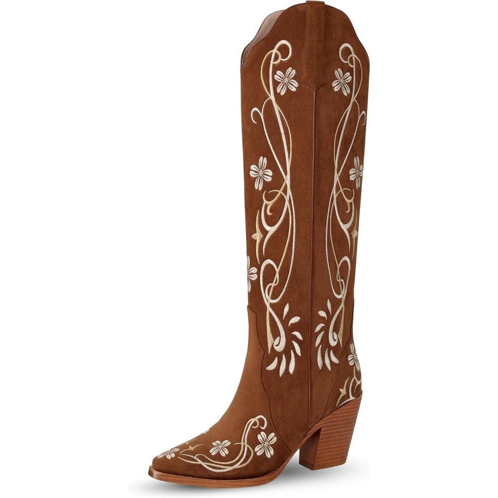 Women's Dark Brown Knee High Cowgirl Pointed Toe Chunky Heel Embroidery Boots